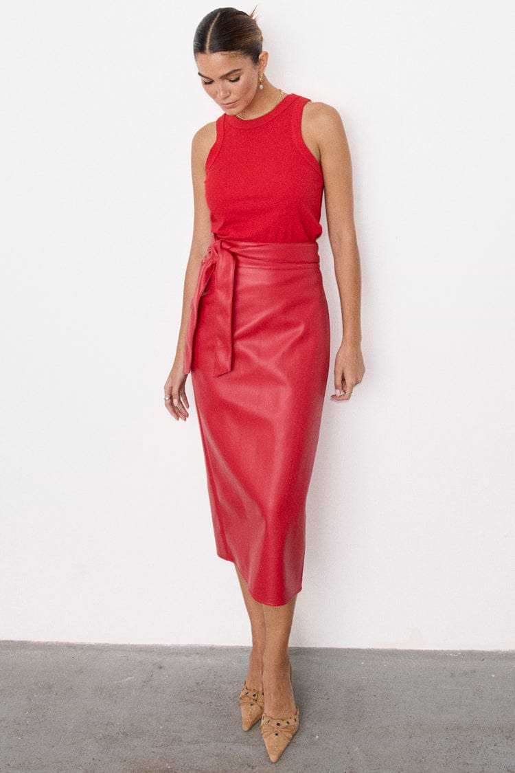 Deep Red Vegan Leather Jaspre Skirt Petite