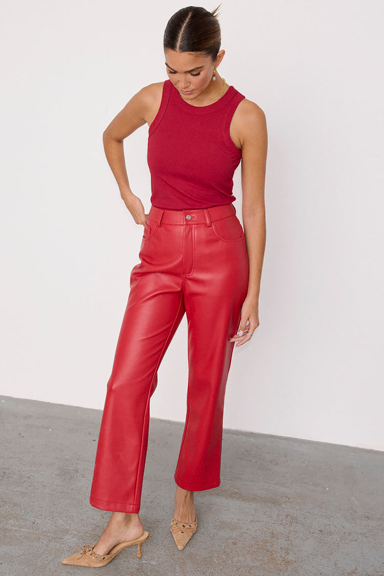 caption_Model wears Deep Red Vegan Leather Trousers in UK size 10/ US 6