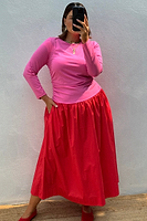 Thumbnail for caption_Model wears Red and Pink Long Sleeve Lola Dress in UK size 18/ US 14