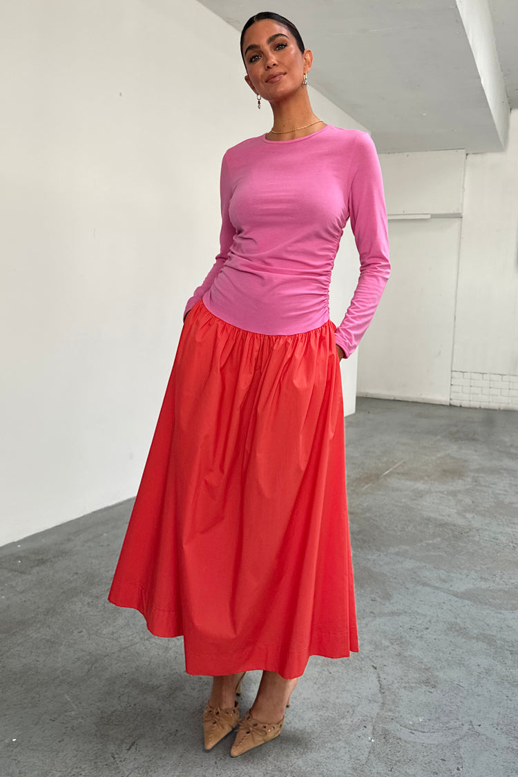 caption_Model wears Red and Pink Long Sleeve Lola Dress in UK size 10/ US 6