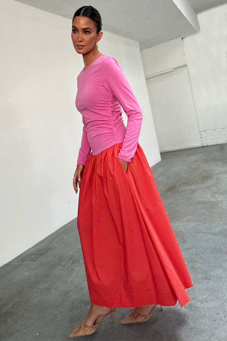 caption_Model wears Red and Pink Long Sleeve Lola Dress in UK size 10/ US 6