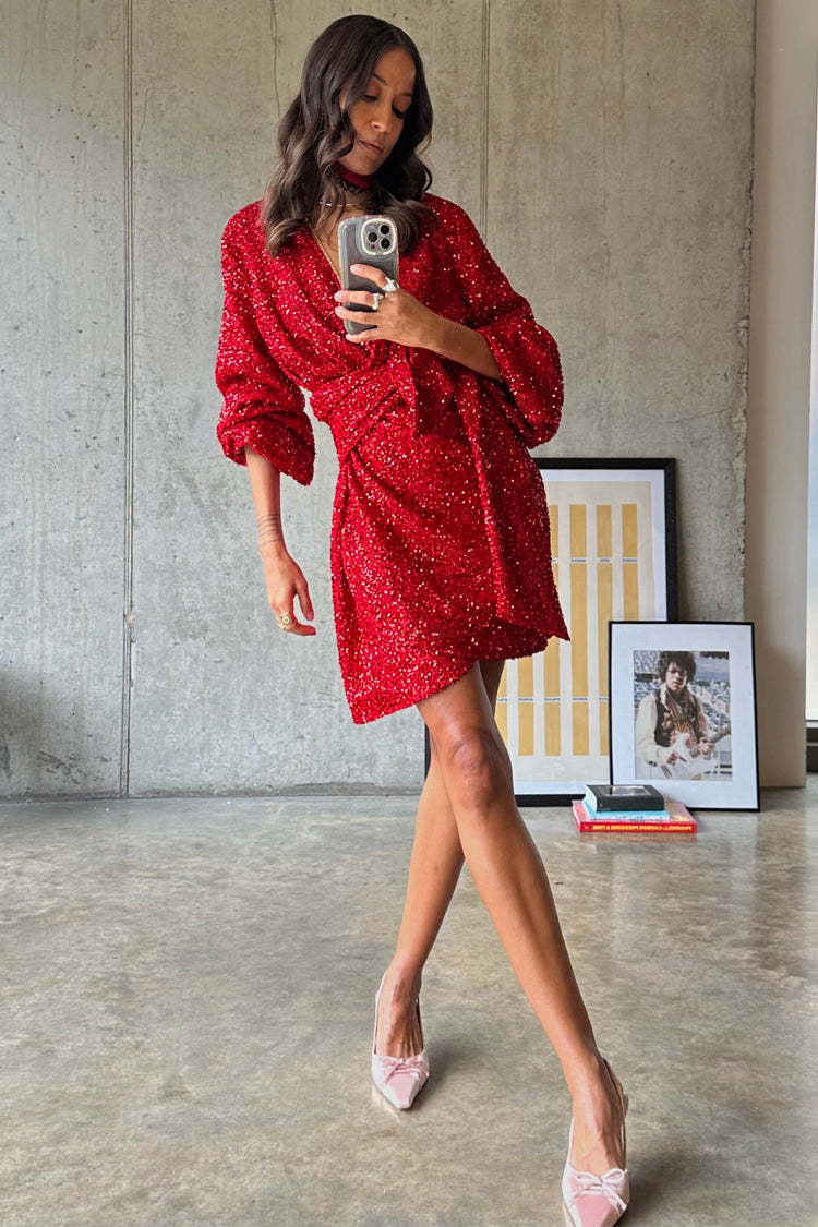 caption_Model wears Red Sequin Mini Vienna Dress in UK size 6/ US 2