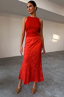 Thumbnail for caption_Model wears Red Swallow Romance Maxi Dorris Skirt in UK size 8/ US 4