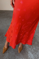 Thumbnail for caption_Model wears Red Swallow Romance Maxi Dorris Skirt in UK size 8/ US 4