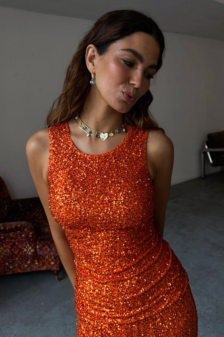 caption_Model wears Rust Sequin Tank Top  in UK size 8/ US 4