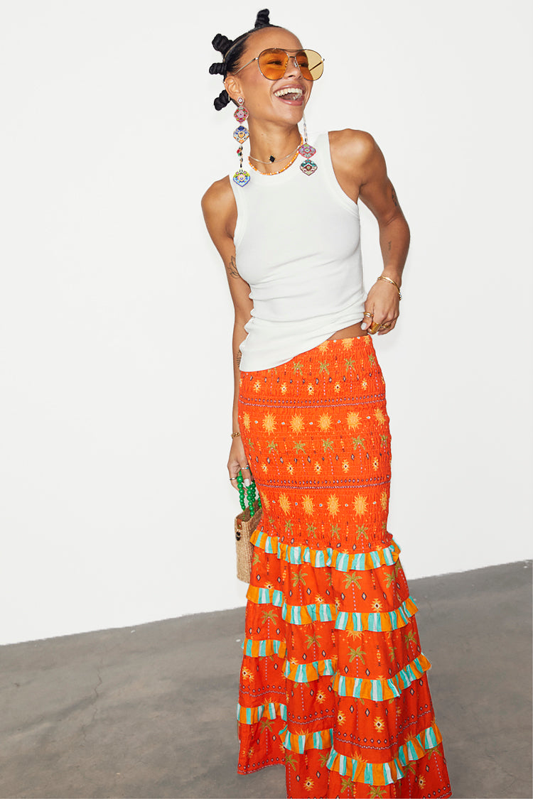 Orange Sahara Shirred Piper Skirt