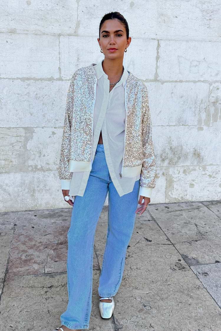model wearing Sequin Bomber