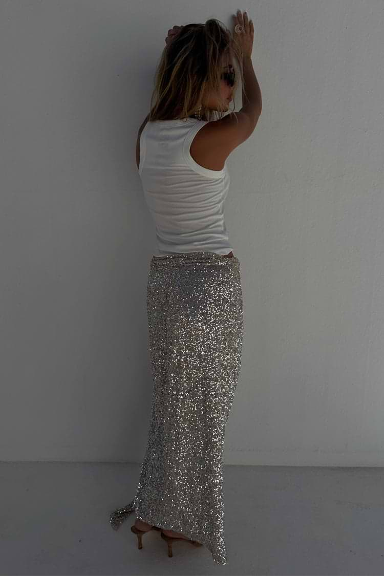 caption_Model wears Sequin Maxi Wrap Jaspre Skirt in UK size 10/ US 6