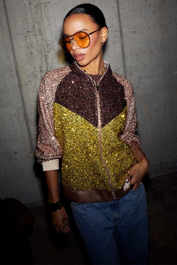 caption_Model wears Sequin Mix Bomber in UK size 10/ US 6