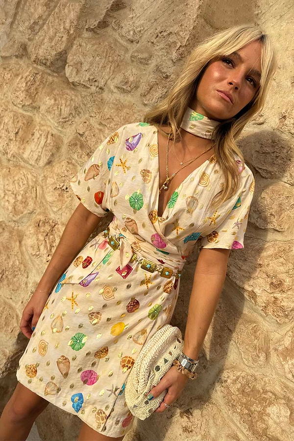 Cream Shell Mini Wrap Dress