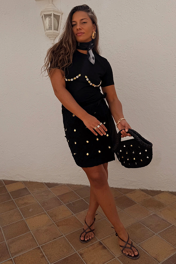 Black Crochet Shell Wrap Skirt