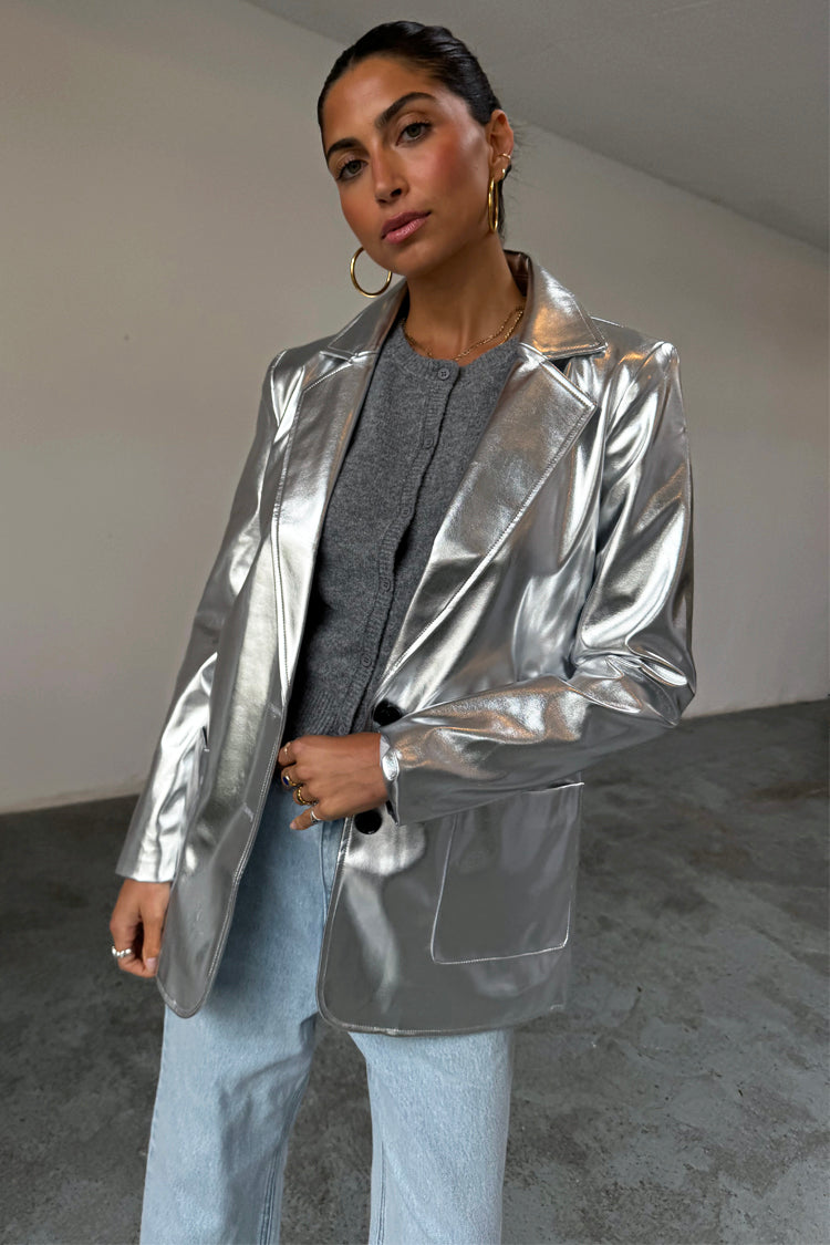 caption_Model wears Silver Vegan Leather Blazer  in UK size 10/ US 6