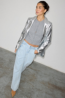 Thumbnail for caption_Model wears Silver Vegan Leather Blazer  in UK size 10/ US 6