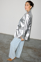 Thumbnail for caption_Model wears Silver Vegan Leather Blazer  in UK size 10/ US 6