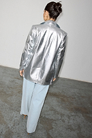 Thumbnail for caption_Model wears Silver Vegan Leather Blazer  in UK size 10/ US 6