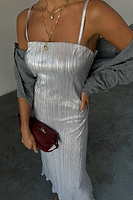 Thumbnail for caption_Model wears Silver Plisse Luna Dress  in UK size 10/ US 6