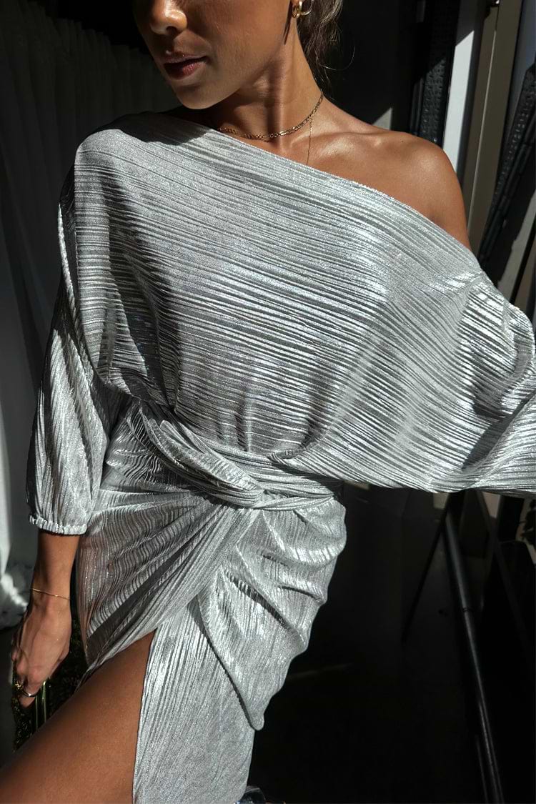 caption_Model wears Silver Plisse Tilly Top in UK size 10/ US 6