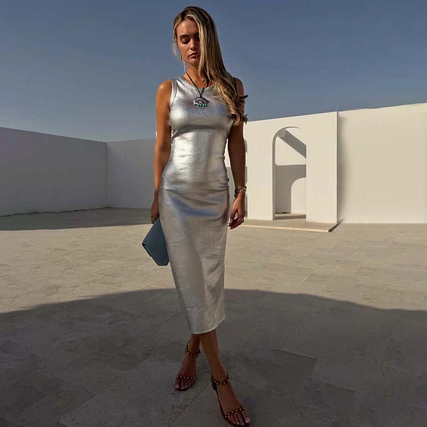 fitted lace wedding dress Silver Metallic Ribbed Dress – Never Fully Dressed