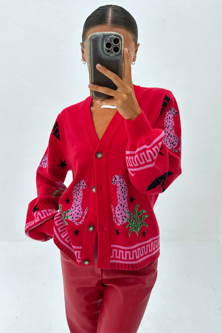 caption_Model wears  Red Solstice Knit Cardigan in size S