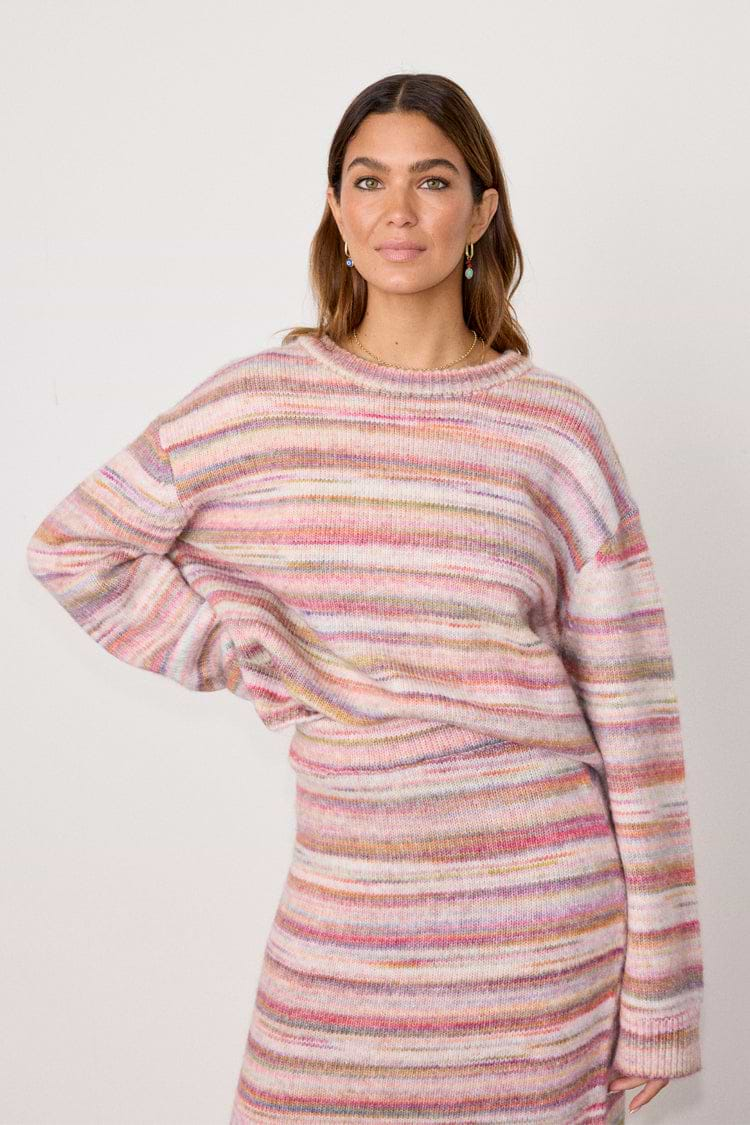 caption_Model wears Multi Stripe Jumper in UK size M