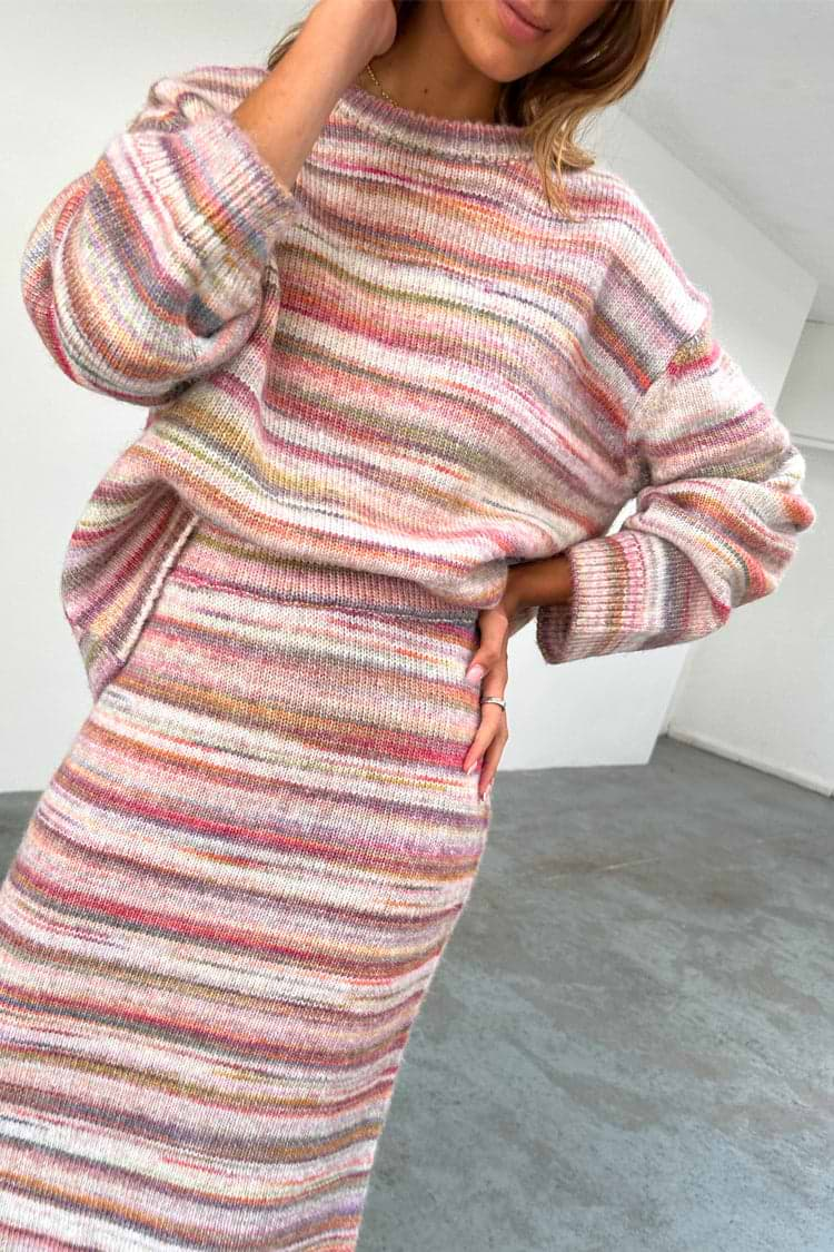 caption_Model wears Multi Stripe Jumper in UK size M