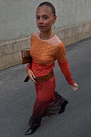 Thumbnail for caption_Model wears Orange Sunset Mesh Dress in UK size 8/ US 4