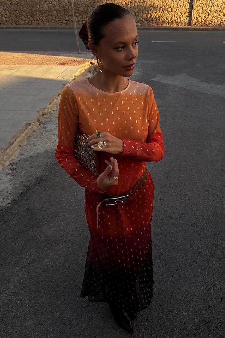 caption_Model wears Orange Sunset Mesh Dress in UK size 8/ US 4