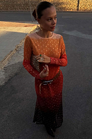 Thumbnail for caption_Model wears Orange Sunset Mesh Dress in size UK 8/ US 4