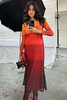 Thumbnail for caption_Model wears Orange Sunset Mesh Dress in size UK 8/ US 4