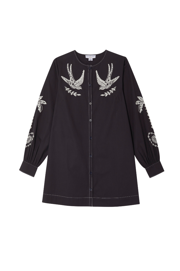 Black Embroidered Swallow Romance Mini Dress