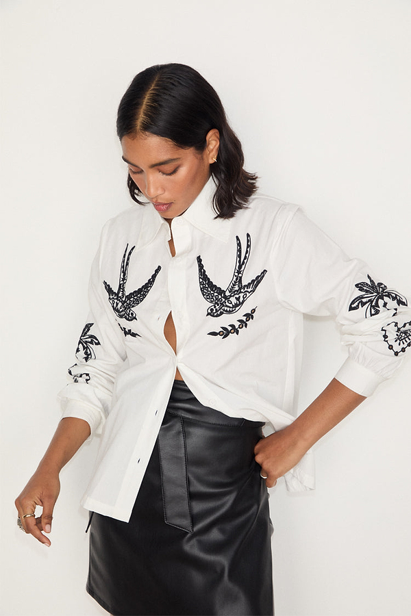 White Embroidered Swallow Shirt
