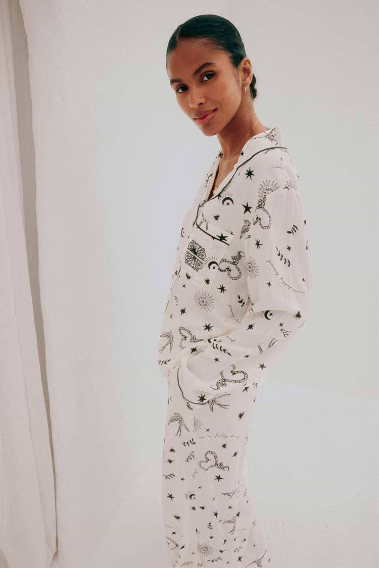 caption_Model wears Cream Tattoo Button Through Pyjamas in UK size 8/ US 4