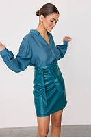 Thumbnail for caption_Model wears Teal Vegan Leather Mini Jaspre Skirt in UK size 10/ US 6