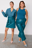 Thumbnail for caption_Model wears Teal Vegan Leather Mini Jaspre Skirt in UK size 10/ US 6