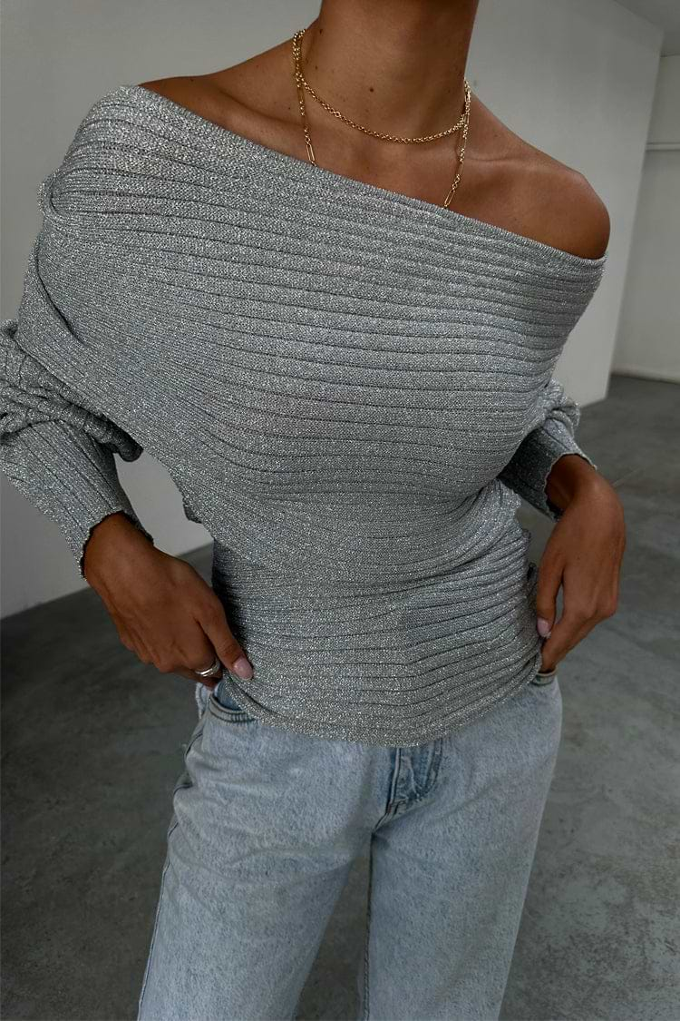 caption_Model wears Silver Knit Rib Tilly Top in UK size 10/ US 6