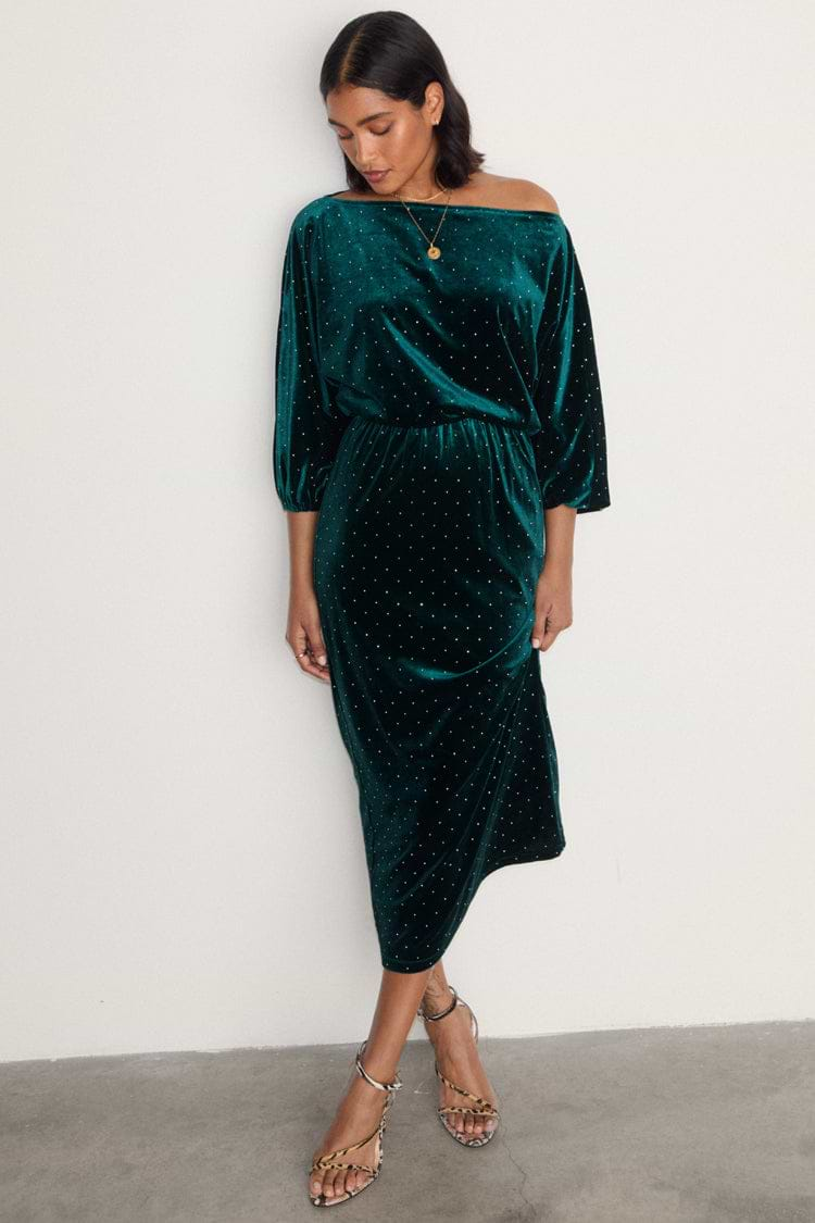 caption_Model wears Emerald Velvet Tilly Dress  in UK size 8/ US 4