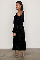 Thumbnail for caption_Model wears Black Long Sleeved Velvet Tilly Dress in UK size 10/ US 6