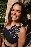 Thumbnail for caption_Model wears Black Leaf One Shoulder Bikini Top  in UK size 16/ US 12