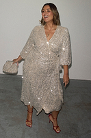 Thumbnail for caption_Model wears Silver Sequin Kira Wrap Dress in UK size 18/ US 14