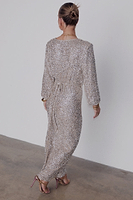 Thumbnail for caption_Model wears Silver Sequin Kira Wrap Dress in UK size 10/ US 6
