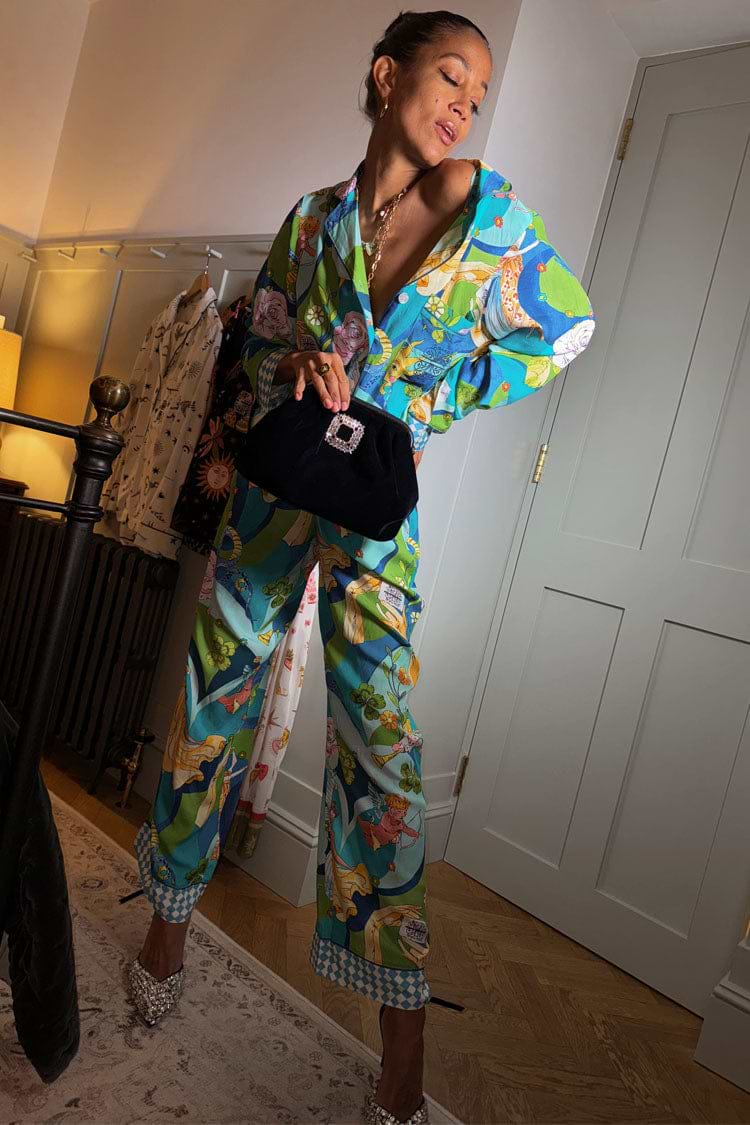 caption_Model wears  Blue Mystical Button Through Pyjamas in UK size 8/ US 4