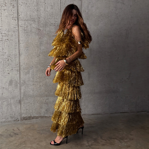 Women's Gold Fringe Dress in Gold - Size 8