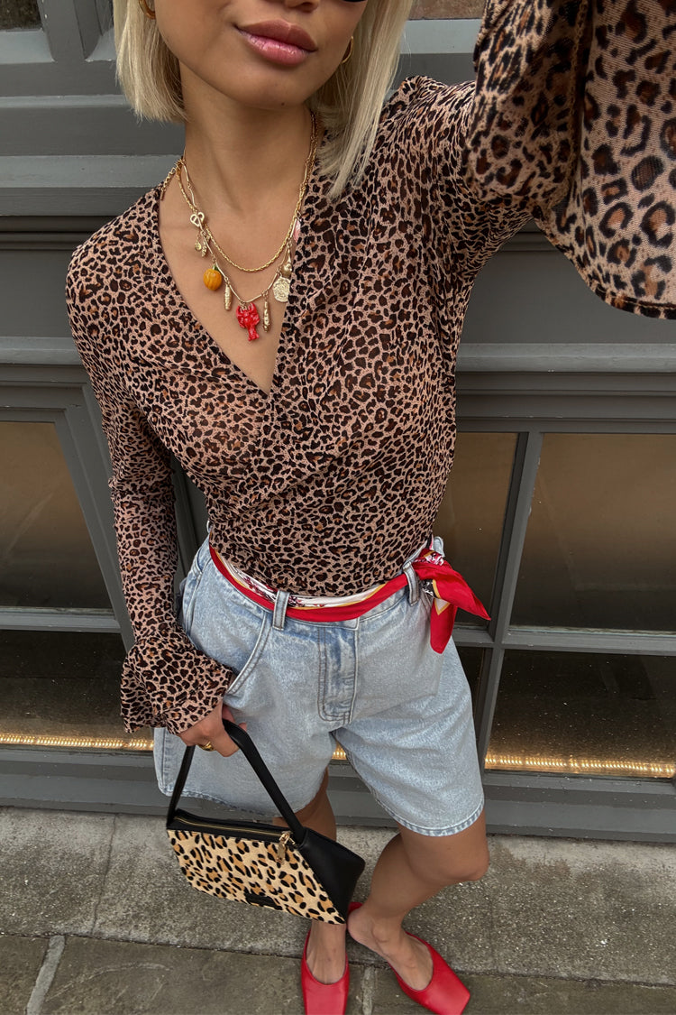 Leopard Mesh George Wrap Top