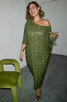 Thumbnail for caption_Model wears Olive Sequin Jem Dress in UK size L/XL