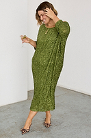 Thumbnail for caption_Model wears Olive Sequin Jem Dress in UK size L/XL