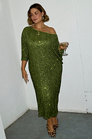 Thumbnail for caption_Model wears Olive Sequin Jem Dress in UK size L/XL