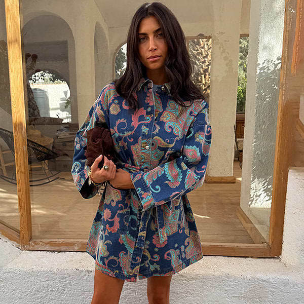 Denim Paisley Belted Shacket