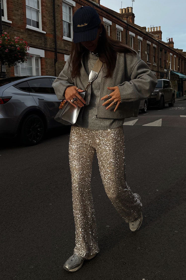 caption_Model wears Silver Sequin Freddie Trousers in UK size 10/ US 6