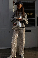 Thumbnail for  caption_Model wears Silver Sequin Freddie Trousers in UK size 10/ US 6