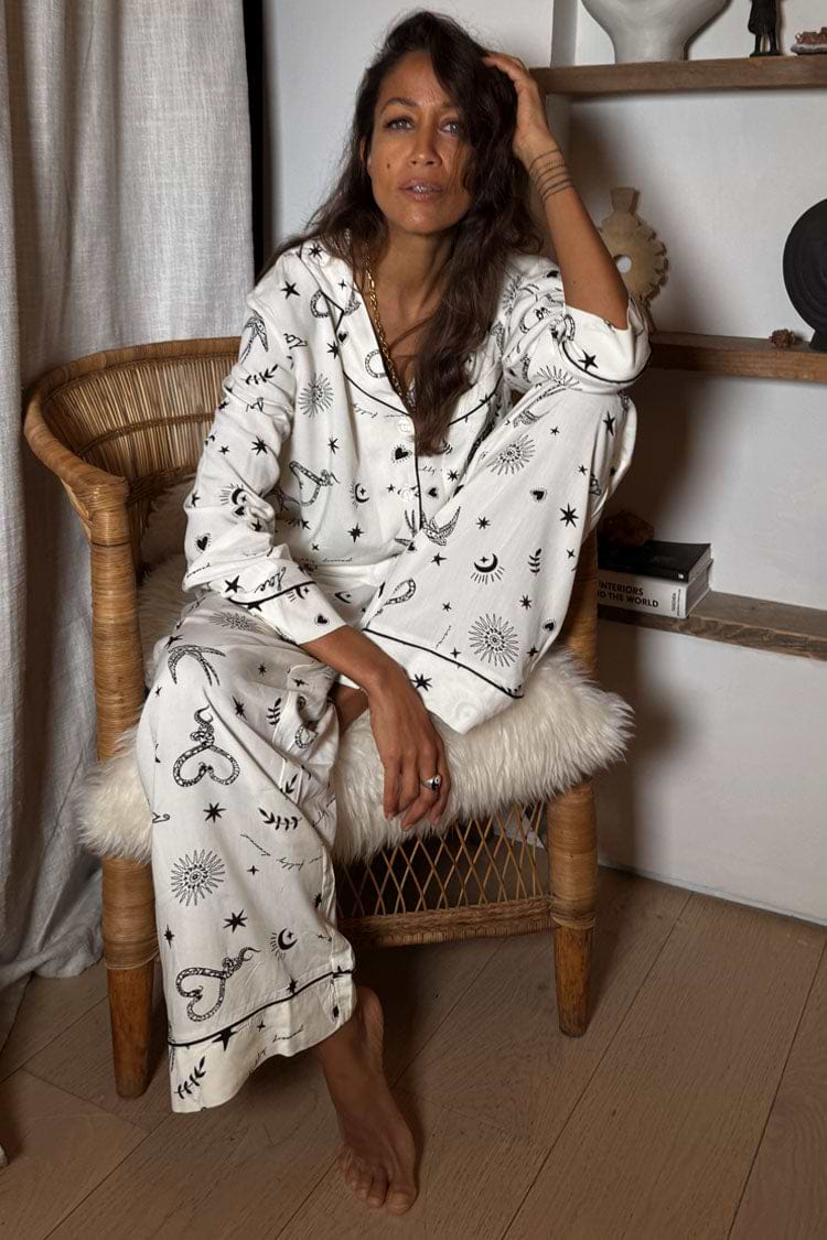 caption_Model wears Cream Tattoo Button Through Pyjamas in UK size 8/ US 4